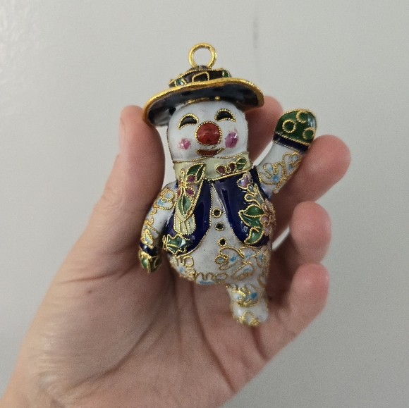 Cloisonne Christmas Waving Snowman Ornament 3" - Picture 1 of 7